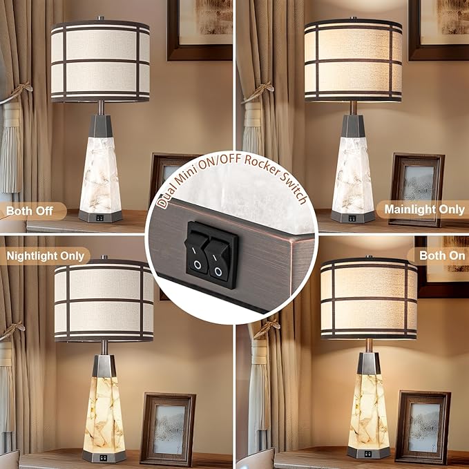 27" Natural Alabaster Table Lamps for Living Room, Bedroom Lamps Set of 2 with Night Light, Living Room Lamps with USB A+C Ports, Table Lamp with Linen Shade for Bedside (Bulbs Included) - Bloomnest