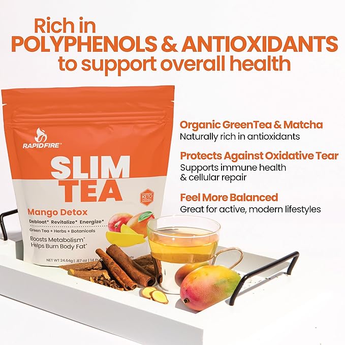 Rapid Fire Slim Tea Bags, Blend of Natural Herbs and Botanicals, Promotes Energy and Digestion, Supports Metabolism, 14 Servings Mango Flavor - Bloomnest