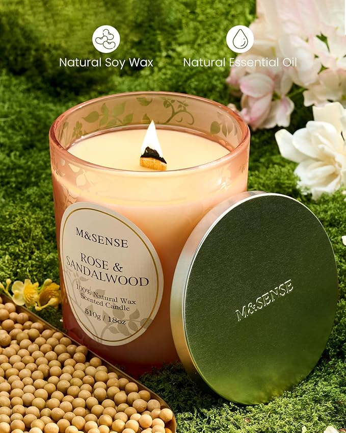M&SENSE Rose Sandalwood Scented Candle, Cracking Wooden Wick Soy Wax, 18oz 100 Hours Long Lasting Clean Burn, Large Jar Candles for Home Decor, Non-Toxic Relaxing Aromatherapy Gifts for Women - Bloomnest