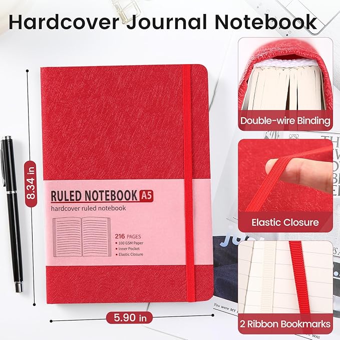 Lined Journal Notebook for Women Men 216 Pages A5 Hardcover Journals for Writing Daily Journaling Notebook for Work, School, Note Taking, Business, Travel Red - Bloomnest