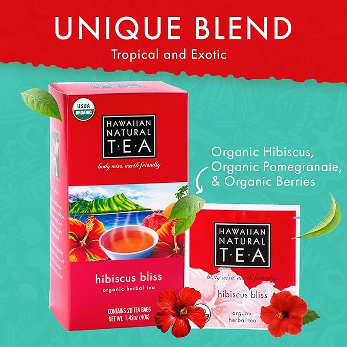 Hawaiian Natural Tea - Organic Hibiscus Bliss Herbal Tea, Caffeine-Free Hibiscus, All-Natural and Antioxidant-Rich Wellness Tea, Vegan and Keto-Friendly, 20 Bags - Bloomnest