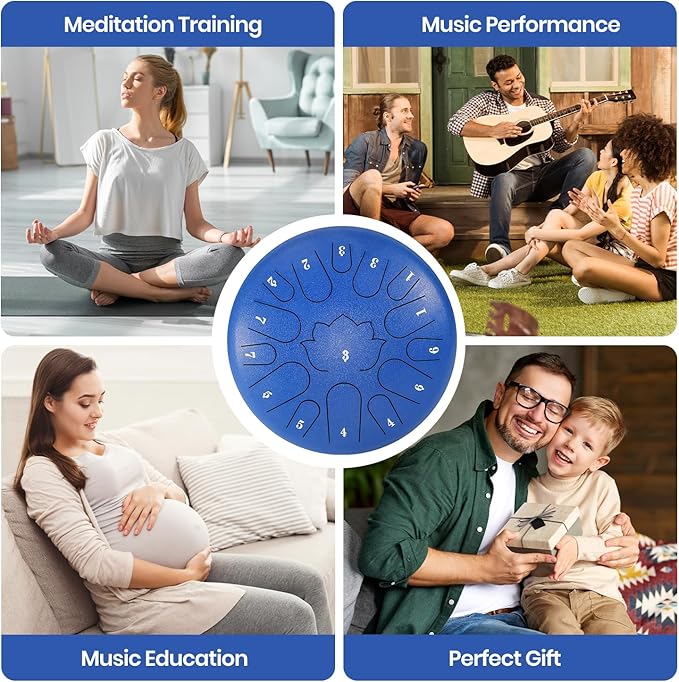 Steel Tongue Drum, 12 Inches 15 Notes Hand Pan Drum, Steel Drum, with Music Book, Handpan Drum Mallet, and Carry Bag (Blue, 12 Inch)