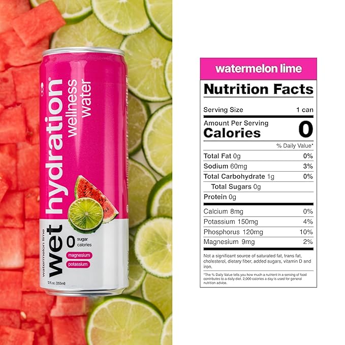 Wet Hydration | Functional Wellness Water, Non-Carbonated - Watermelon Lemon Lime (12 Ounce Cans, Pack of 12) - Flavored Water, Hydration Drink, No Sugar, No Artificial Ingredients, Zero Calories - Bloomnest