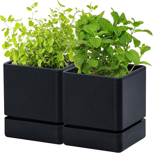 4 Inch Herb Planter Pot, Plastic Planter with Drainage Holes and Saucer, Modern Decorative Gardening Pot for Indoor Plants, Flowers, Herbs, Succulents, Black, Set of 2, 76-Y-B-2 - Bloomnest