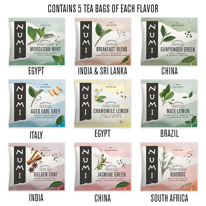 Numi Organic Tea World of Tea Gift Set, 45 Tea Bags, Fair Trade Black, Green, Maté, Rooibos & Herbal Tea Sampler - Bloomnest