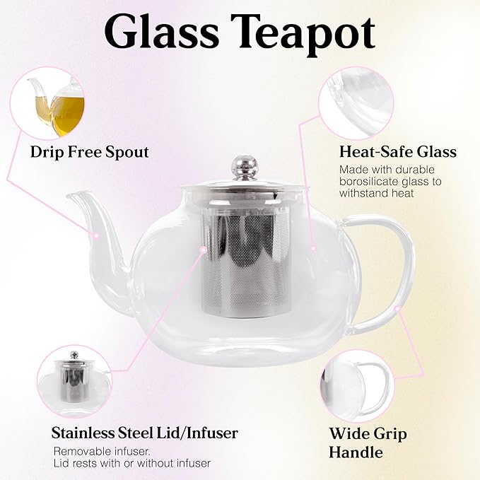 40 Oz Unique Glass teapot Set with 4 double wall insulated Cups, Tea Kettles for Stovetop With Infusers For Loose Tea, Perfect Mom Gift - Bloomnest
