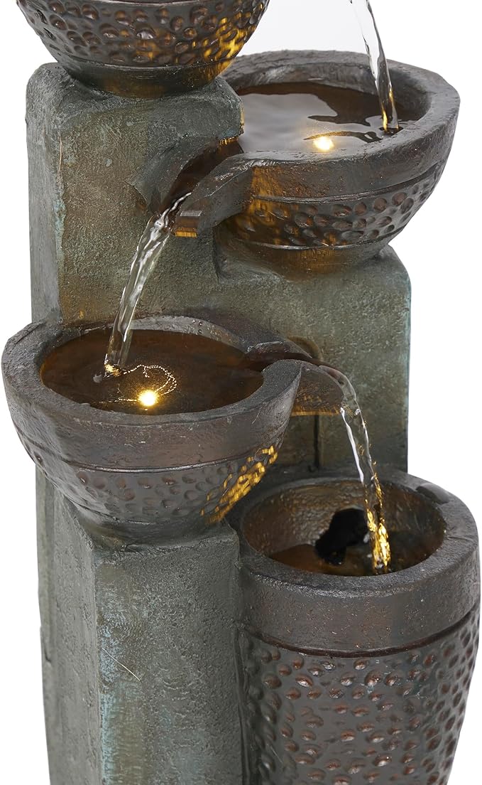 Alpine Corporation TZL412 14" Stoned Jar Cascading Water Fountain with LED Lights – Elegant Tabletop Water Feature for Home, Office, Living Room, Bedroom, and Desk Décor, Gray - Bloomnest