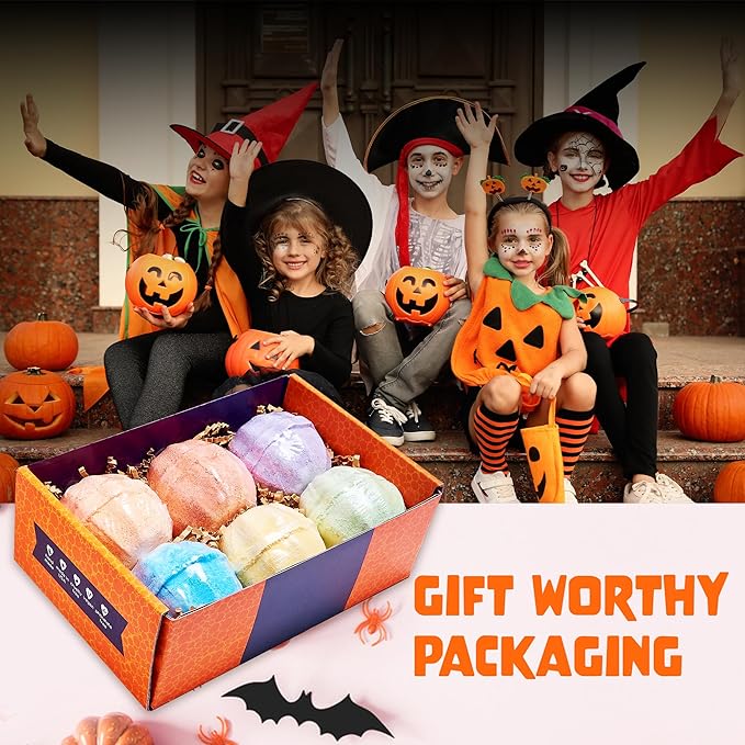 Halloween Bath Bombs for Kids with Surprise Halloween Toys Inside (6 Pack) - Large Pumpkin Bath Bombs for Kids, Boys, Girls & Teens – Spooky Boo Basket Stuffers for Kids - Made in USA by Two Sisters - Bloomnest