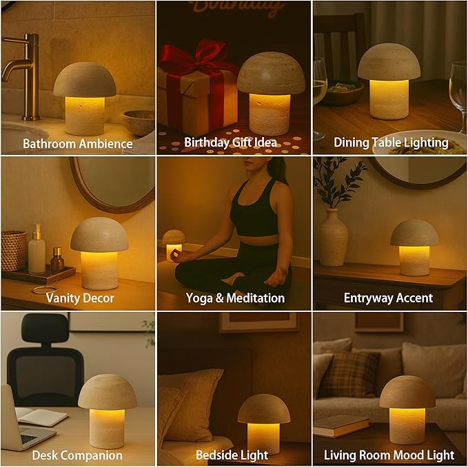 Natural Stone Mushroom Lamp - Handcrafted Travertine Night Light, Rechargeable with Type-C, Dimmable LED Accent Light for Bedroom & Living Room - Bloomnest