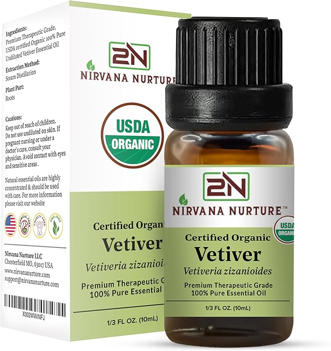 Vetiver Essential Oil, USDA Certified Organic, 100% Pure Undiluted, Aromatherapy Oil for Diffuser, Hair & Skin Care NirvanaNurture
