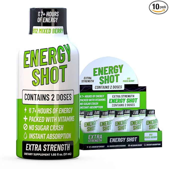 B12 Mixed Berry Extra Strength Energy Shot 10 pk – 260mg Natural Caffeine B12 B6 – Energy & Vitality Support – 2 Servings Sugar Free Zero Calorie Green Tea B-Vitamins Electrolytes Vegan – 1.93 fl oz - Bloomnest