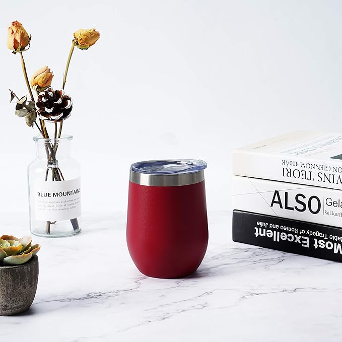 12 Pack Stainless Steel Wine Tumblers, 12Oz Double Wall Vacuum Insulated Wine Tumblers with Lids and Straws, Stainless Steel Stemless Wine Glasses for Coffee, Wine, Cocktails, Champaign, Wine Red… - Bloomnest