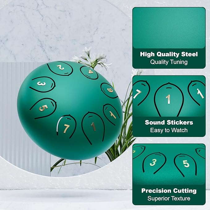 Steel Tongue Drum 6 Inch 8 Notes, Rain Drums for Outside C major, Hang Instrument, Handpan for Kids, Ethereal Hand Pan for Meditation Yoga Musical Education, Green - Bloomnest