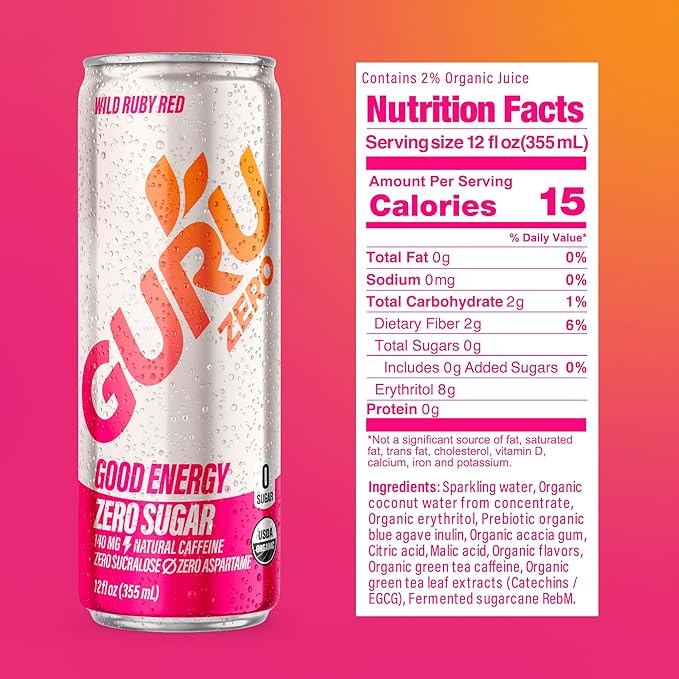 GURU ZERO SUGAR Wild Ruby Red Organic Energy Drinks, Clean Energy Drink with Plant Based Natural Caffeine from Green Tea, Coconut Water, Prebiotic, Zero Added sugars, Gluten Free and Vegan, Pre Workout, Healthy Drinks, 12oz (Pack of 24) - Bloomnest