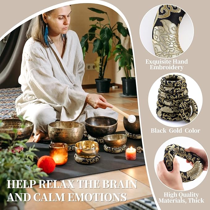 10 Pcs Singing Bowl Cushion Set 7 Silk Cloth O Ring with 3 Crystal Singing Bowl Mallet Include Solid and Hollow Stick Wood Handle Rubber Mallet for 6-12" Tibetan Sound Meditation (Black Gold) - Bloomnest