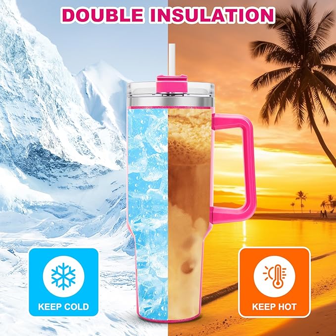40 oz Tumbler with Handle and Flip Straw Lid, Vacuum Insulated Leak Proof Double Walled Stainless Steel Glitter Travel Mug Tumblers, Maintains Cold Ice and Heat for Hours(Hot Pink) - Bloomnest