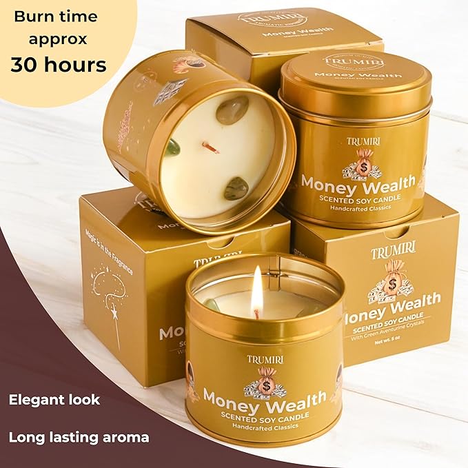 Money Wealth - Crystal Candles for Home Scented - Pack of 3 x 5oz Soy Wax Natural Clean Organic Non Toxic with Essential Oils - for Cash Luck Manifestation - Long Lasting Candel TRUMIRI