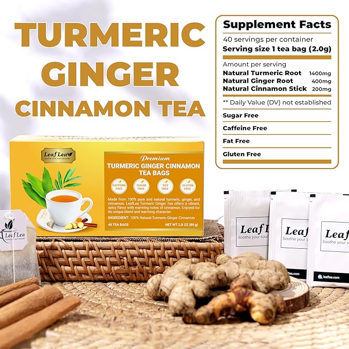 LeafLea Turmeric Tea with Ginger and Cinnamon, 80 Premium Turmeric Ginger Tea Bags, Supports Immune Health & Digestion, 100% Natural & Pure Blend Herbal Tea, Caffeine-Free, No Sugar, Vegan - Bloomnest