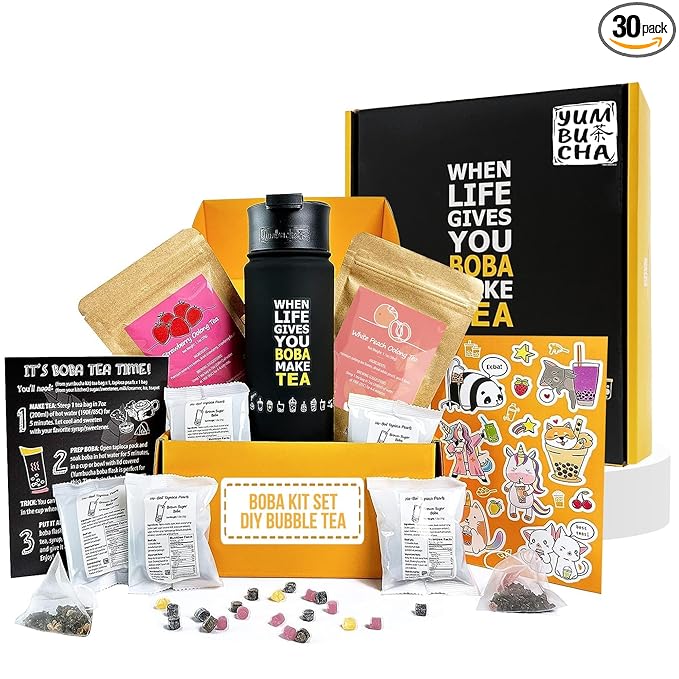 YUMBUCHA Boba Kit Set - DIY Bubble Tea - 20 Drinks - Reusable Stainless Steel Flask & Straw, Brown Sugar Tapioca Pearls - Exquisite Loose Leaf Teabags - Strawberry Oolong and White Peach Oolong Tea - Bloomnest