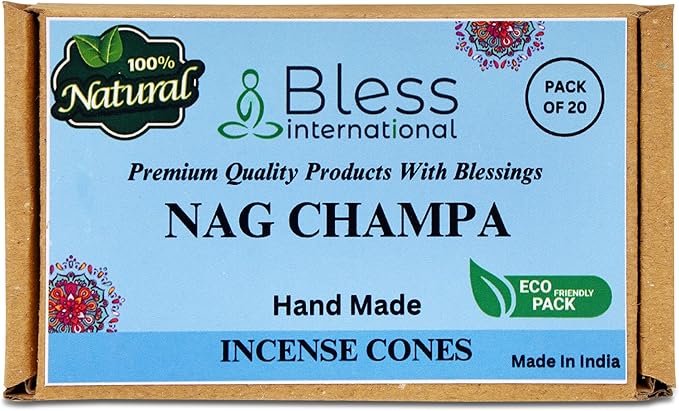 Bless-International Nag Champa 100%-Natural-Incense-Cones Handmade-Hand-Dipped Organic-Chemicals-Free for-Purification-Relaxation-Positivity-Yoga-Meditation The-Best-scents (20 Count) BlessInternational