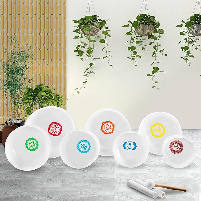 Ryan Dvan 432Hz 7-12 Inch 7 Chakra Design Crystal Singing Bowl Set Frosted Quartz Crystal Sound Therapy Kit with Mallets 2 Cases O-Ring for Yoga Meditation Energy Balancing Reiki Healing - Bloomnest