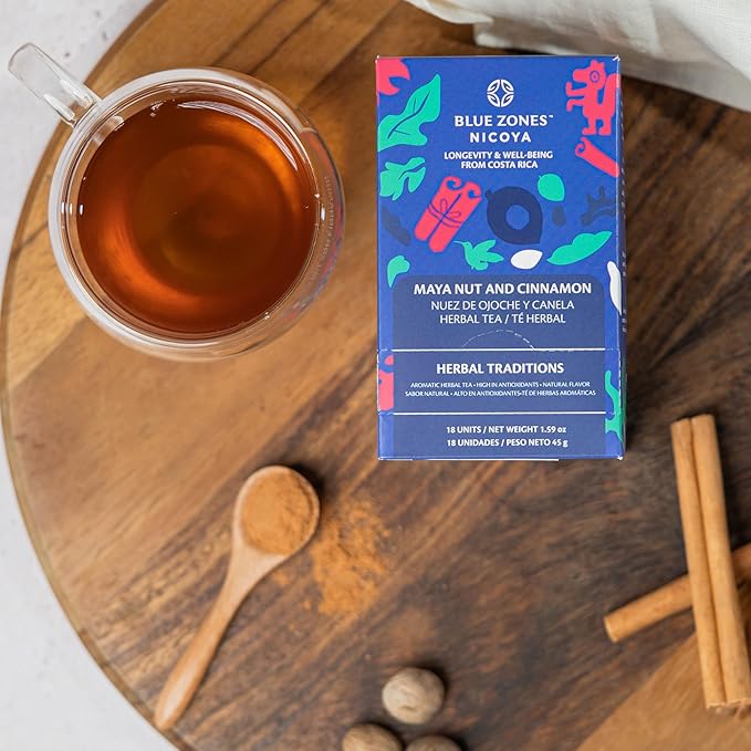 Blue Zones Nicoya - Maya Nut & Cinnamon Flavored Tea Bags - 100% Natural, Organic, and Refreshing - High Micronutrients - Gluten, Caffeine, Sugar-Free - Pack of 18 (1.59 oz/ 45 g) - Bloomnest
