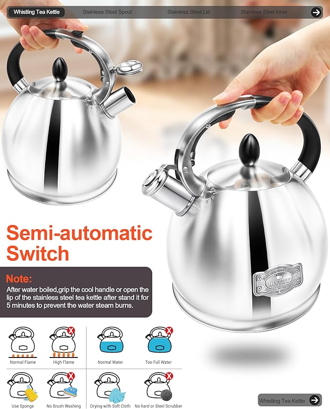 Whistling Tea Kettle for Stovetop, (2.64 Quart-Mirror） Food Grade Stainless Steel Teapot of 5-layer base - Bloomnest