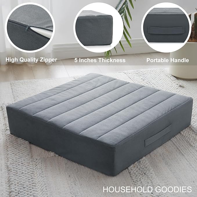 2 Pcs High Density Foam Floor Pillow - Upgraded Large Pillows Seating for Adults - Outdoor Floor Cushion with Soft Tufted Cover - Yoga Pillows for Sitting On Floor - 22 Inch Grey - Bloomnest