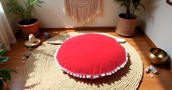 CRAFT KALA Meditation Floor Pillow Cover, Round Large Pillows Cover Seating for Adults, Bohemian Mandala Circle Cushions Cover for Outdoor Fireplace Yoga Living Room (Red, 22" Round) - Bloomnest