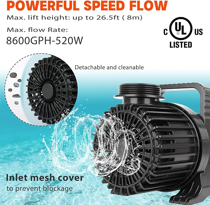 WaterRebirth (8600GPH 520W, UL listed) High Flow Submersible Water Fountain Aquarium Sump Pond Electric Waterfall Pump PS-8600 - Bloomnest