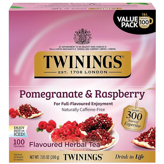 Twinings Pomegranate & Raspberry Herbal Tea Individually Wrapped Bags, 100 Count (Pack of 1), Naturally Caffeine-Free, Enjoy Hot or Iced, 100 Teabags