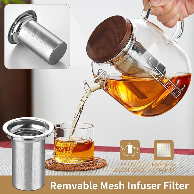 Glass Teapot With Stainless Steel Infuser 1200ml, Glass Tea Pot, Loose Leaf Tea Kettle, Glass Kettle Stovetop, Teapot With Strainer, Tea Infuser Pot Glass Teacup Tea Cups For Blooming Tea - Bloomnest