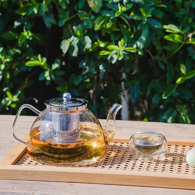 1200ml/40 oz Glass Teapot with 4 Double Wall Teacups and Removable Stainless Steel Infuser, Tea Sets for Adults, Clear Tea Kettle Stovetop Safe for Loose Leaf and Blooming Tea, Tea Maker Gift - Bloomnest