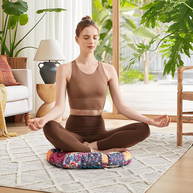 Codi Meditation Floor Pillow, Boho Pillows Seating for Adults and Kids, Large Round Cushion for Yoga Living Room Tatami Sitting, Memory Foam Added, 22x22 Inch, Multi Patchwork - Bloomnest
