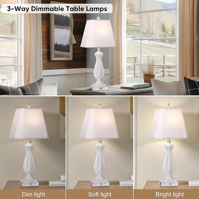 3-Way Dimmable Table Lamps for Bedrooms Set of 2, 30" H Touch Lamps for Living Room with with USB & Type-C Ports, White Mermaid Bedside Lamp for Nightstand, Resin Farmhouse Rustic Lamp with 2 Bulb - Bloomnest