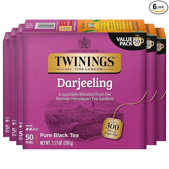 Twinings Darjeeling Black Tea Individually Wrapped Bags, 50 Count (Pack of 6), Delicate Light Taste, Caffeinated, Enjoy Hot or Iced, 300 Teabags - Bloomnest