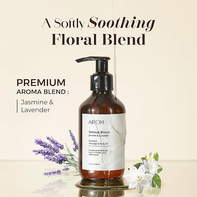 AiROM Jasmine & Lavender Massage Oil for Massage Therapy - Scented Body Oil for Women – Hypoallergenic, Relaxing Aromatherapy, Non-Greasy, Spa Quality - Gift for Her, Spa Gift - 6.4 fl oz - Bloomnest