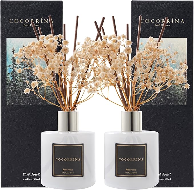 Cocorrína Premium Reed Diffuser Set with Preserved Baby's Breath & Cotton Stick Black Forest 2 Packs, 6.7oz Scent Fragrance Oil Diffuser for Bedroom Bathroom Home Décor - Bloomnest