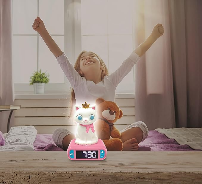 LEXiBOOK - Kitten Digital Alarm Clock for Kids with Night Light Snooze, Childrens Clock, Luminous Cat, White and Pink Colours - RL800KT - Bloomnest