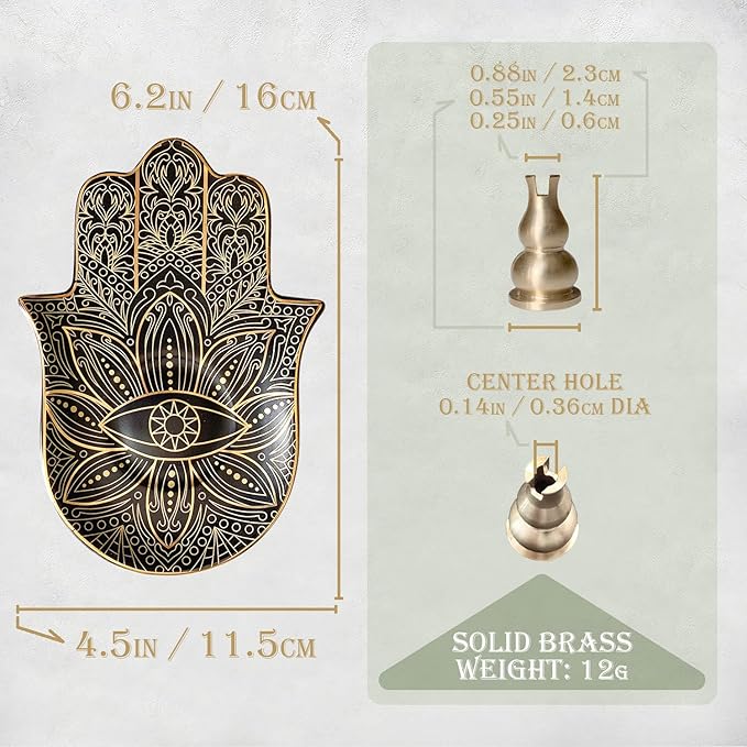 Ceramic Hamsa Hand Incense Holder - 2 in 1 Brass Incense Holder for Sticks and Coil Incense- Zen Decor with Hand of Fatima Design Protection from Evil - 6.2" L X 4.5" W (Black) - Bloomnest