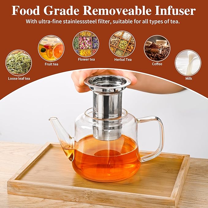 Glass teapot with infuser, Ehugos 1000ml(33oz) Stovetop Safe Hand Crafted Clear Glass Teapot with Removable Infuser for Loose Leaf Tea and Blooming Tea - Bloomnest
