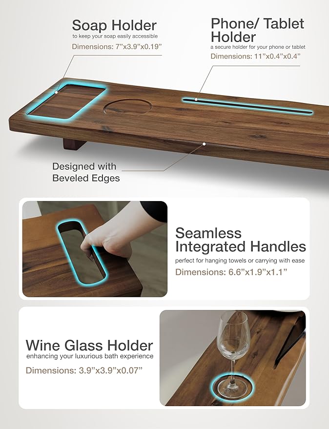 Tinamo Acacia Bathtub Tray Caddy with Adjustable Legs - Bath Tub Tray for Freestanding Tubs - 39x9.75 Inch Large Wooden Anti-Tipping Tub Tray for Bathtub with Accessories Holders (Walnut, 39x9.75) - Bloomnest