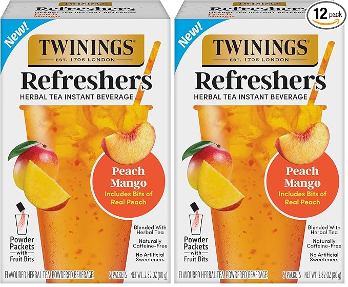 NEW Twinings Peach Mango Refreshers, Herbal Tea Instant Beverage with Real Peach Fruit Bits, 5 Count (Pack of 2), Café Style, No Artificial Sweeteners, Naturally Caffeine-Free Refreshment, 5 Packets - Bloomnest