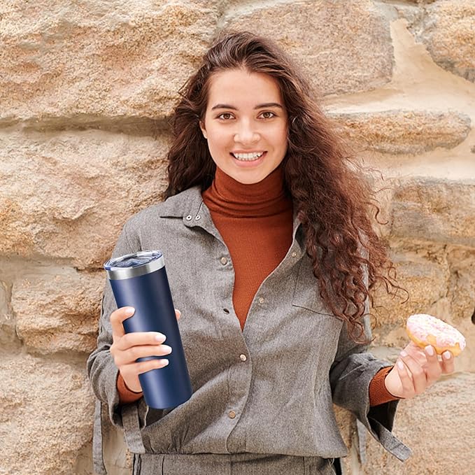 20 oz Skinny Tumbler with Lid and Straw,Stainless Steel Vacuum Insulated Tumbler Cup Double Wall Leak-proof Coffee Mug,Travel Thermal Water Tumbler for Home,Office,Outdoor(Navy Blue,4) - Bloomnest