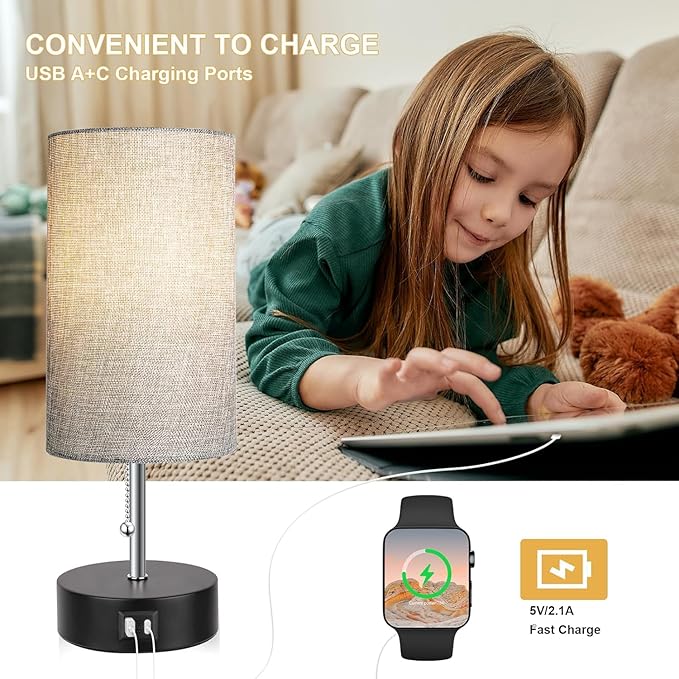 3-Color Temperature Bedside Lamp Nightstand Lamp with USB A Port and C Port, Table Lamp for Bedroom with LED Bulb Small Lamps for Living Room (Gray) - Bloomnest