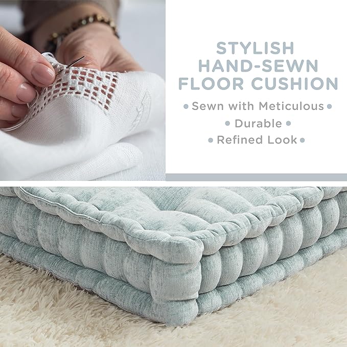 Codi INNA Floor Cushions for Adults, Cute Pillows Seating for Meditation, Square Tufted Chenille Cushion, Living Room, Fireplace, Reading Nook, Aqua 2 Pack - Bloomnest