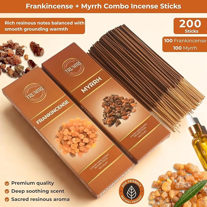 Frankincense & Myrrh - Combo Pack of Incense Sticks - 100 Inscents-Sticks of Each Scent - Total 200 Insence - Non Toxic Incienso for Smudge Rituals and Spiritual Cleansing of Negative Energies TRUMIRI