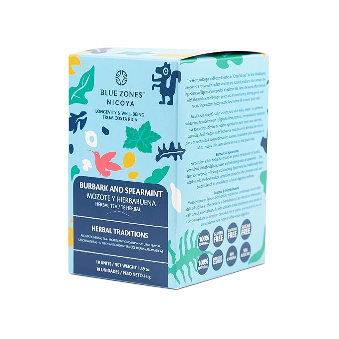Blue Zones Nicoya - Burbark & Spearmint Flavored Tea Bags - 100% Natural, Organic, and Refreshing - High Micronutrients - Gluten, Caffeine, Sugar-Free - Pack of 18 (1.59 oz/ 45 g) - Bloomnest