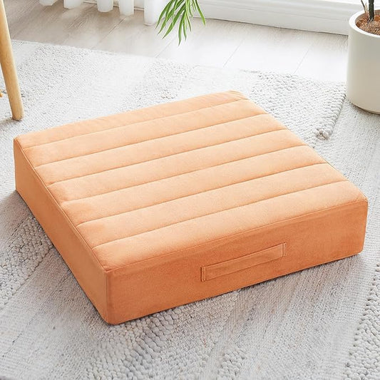 22 inches Floor Pillow for Adults - Large Meditation Cushion with Thick Foam & Soft Tufted Cover - Premium Outdoor Square Floor Cushion Seat - Yoga Pillows for Sitting On Floor - Orange - Bloomnest