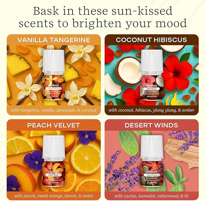 ClickWick Essential Oil Blends for Lifelines Diffusers, 4-Pack Sun-Kissed Escape - Essential Oil Blend Refill for Candle, Plant & Shower Aromatherapy Diffuser - Fragrance for Diffusers - Bloomnest